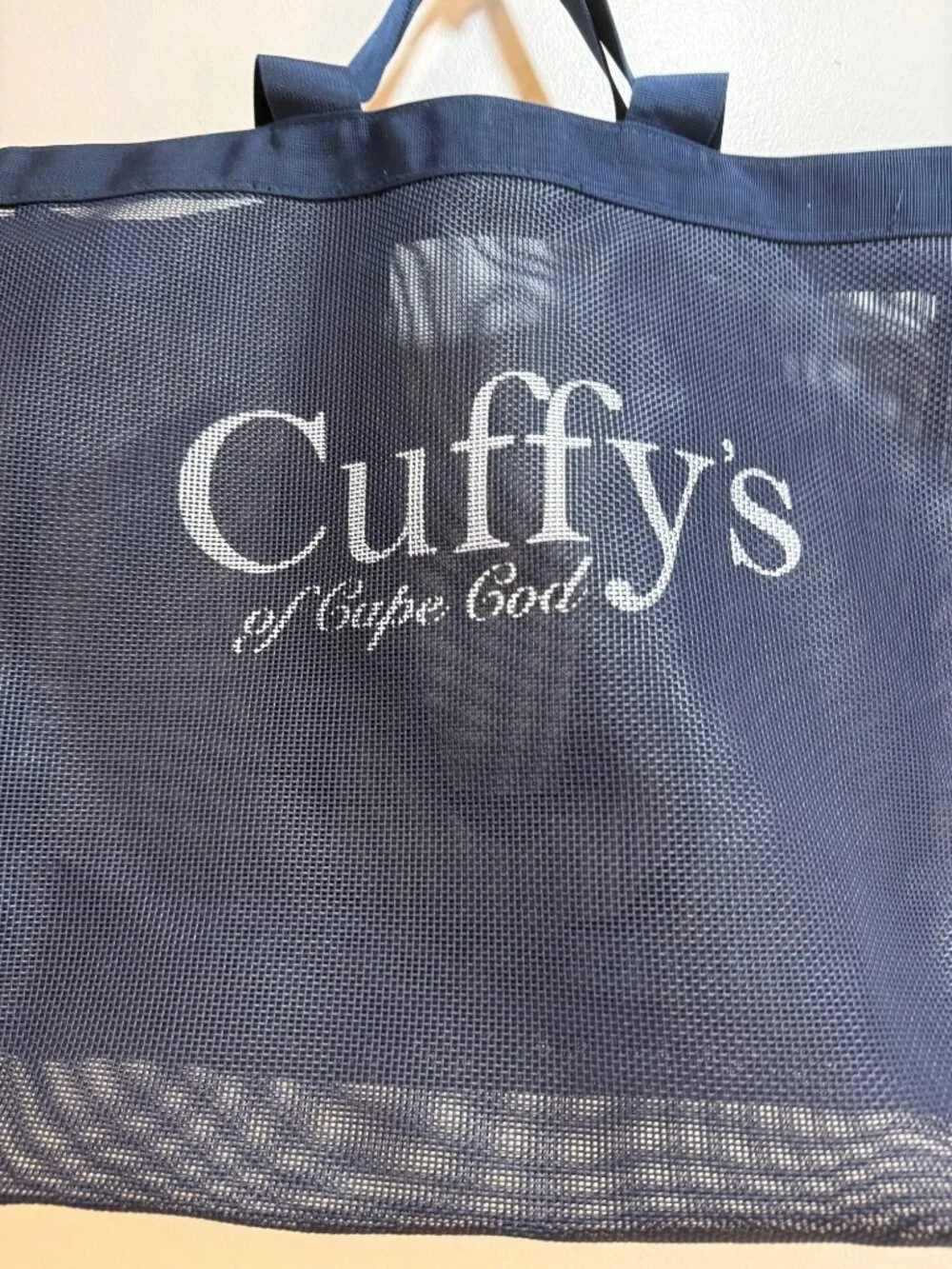 Cuffy's Of Cape Cod Large Mesh Beach Tote Bag Navy Blue Canvas Trim Shoulder Car